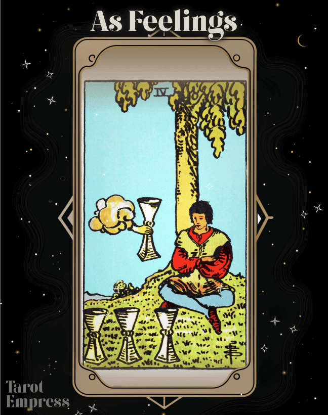 Four of Cups tarot card in reversed position showing emotional withdrawal or apathy
