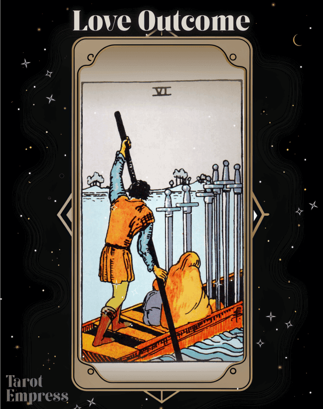 Six of Swords tarot card depicting a boat moving away from stormy waters toward a calm horizon